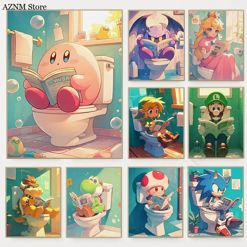 Home Bathroom Wall Art - Funny Bathroom Cartoon Video Game Poster
