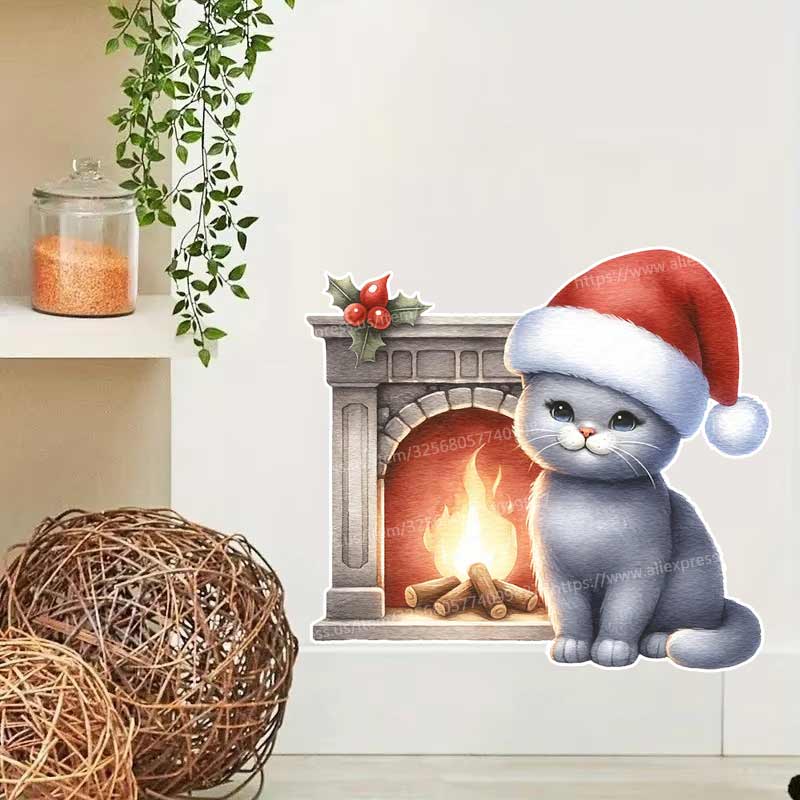 Home Bathroom Tiles Design - Christmas Cat Wall Sticker Bathroom Toilet