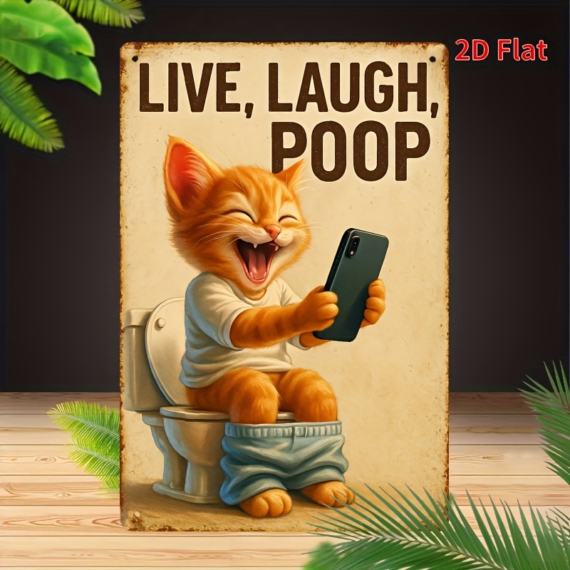 Funny Cat on Toilet Metal Wall - Home Bathroom Wall Art recension och pris